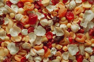 AI Generated Top view of mixed dried cranberries, apricots, and nuts creating a colorful texture. Generative AI photo