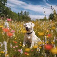 AI Generated Joyful dog in colorful field full of flowers. Generative AI photo