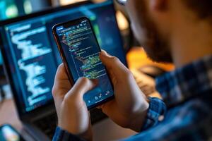 AI Generated Programmer reviewing code on smartphone. Generative AI photo