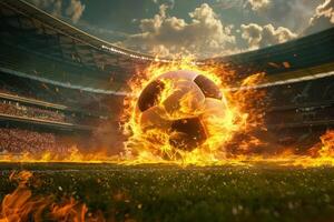 AI Generated Fiery soccer ball on stadium field at night. Generative AI photo