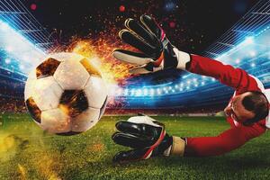 Powerful kick of a soccer player with fiery soccerball in the football stadium photo