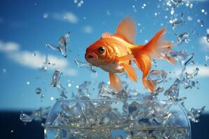 AI Generated Goldfish leaps out of the aquarium to throw itself into the sea. Generative AI photo