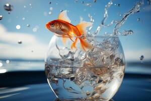 ai generado pez de colores saltos fuera de el acuario a lanzar sí mismo dentro el mar. generativo ai foto