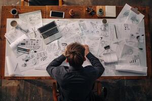 AI Generated Businessman works on a sketches of a startup creative project. Generative AI photo