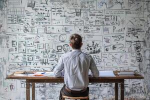 AI Generated Businessman works on a sketches of a startup creative project. Generative AI photo