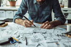 AI Generated Businessman works on a sketches of a startup creative project. Generative AI photo