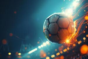 AI Generated Fiery soccer ball go fast at the football stadium. Generative AI photo