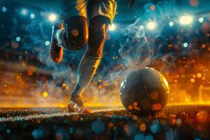 AI Generated Soccer player in a fiery field at the football stadium. Generative AI photo