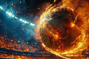 AI Generated Fiery soccer ball go fast at the football stadium. Generative AI photo