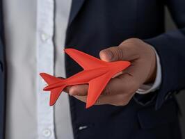 AI Generated Businessman's hand holding a red paper airplane, representing corporate travel and innovation photo