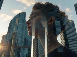 AI Generated Double exposure of a businesswoman and cityscape at sunset, symbolizing vision and growth photo