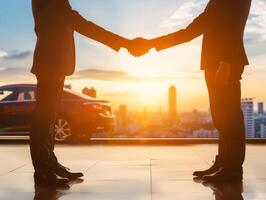 AI Generated Silhouette of two businessmen shaking hands with a team in the background, set against a vibrant sunset photo