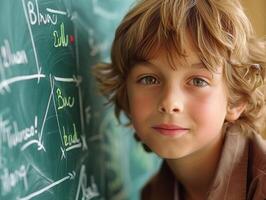 AI Generated Close-up of a bright child with a confident smile in front of complex chalkboard equations photo