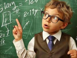 AI Generated Child prodigy in smart attire points upwards while solving complex equations on a chalkboard photo