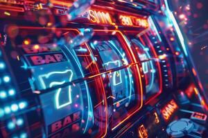 AI Generated Vibrant close-up of a slot machine with neon lights in a casino photo