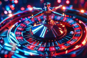 AI Generated Spinning casino roulette wheel with motion blur and vibrant neon lights in close-up view photo