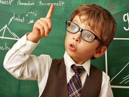 AI Generated Smart young boy with glasses has an aha moment while solving a difficult problem on a blackboard photo