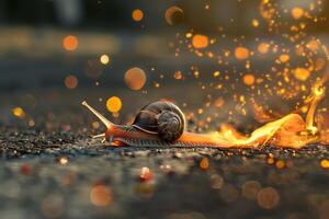 AI Generated Playful depiction of a snail racing on a fiery speed track like a speedy car photo