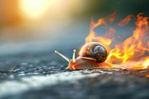 AI Generated Whimsical depiction of a snail with wheels racing fast with flames behind photo