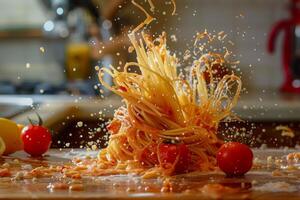 AI Generated Mesmerizing image of spaghetti pasta with sauce splashing on a kitchen counter photo