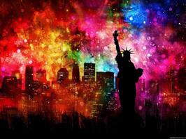 AI Generated Vibrant illustration of nyc skyline featuring the silhouette of the statue of liberty on a colorful backdrop photo