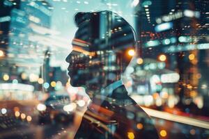 AI Generated Captivating double exposure of a businessman envisioning success amidst a vibrant cityscape photo