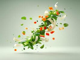 AI Generated Vibrant photo featuring a burst of crisp salad ingredients set against a gentle backdrop