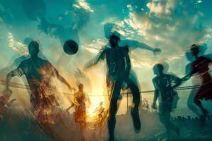 ai generado silueta fútbol jugadores en acción durante un vibrante puesta de sol juego con dramático Encendiendo foto