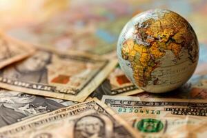 AI Generated Macro shot of us currency and a miniature globe, representing global financial markets photo