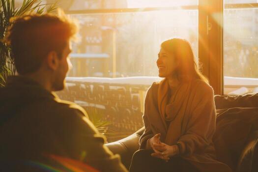 AI Generated Person smiling and speaking with a psychologist in a cozy, modern room filled with sunlight photo