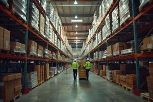 AI Generated Employees with clipboard and cart inspecting inventory in a well-organized warehouse aisle photo