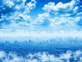 AI Generated City skyline with skyscrapers rising above a dreamy blanket of clouds against a clear blue sky photo
