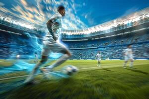 AI Generated Soccer player capturing the ball in motion on the field during a live match photo