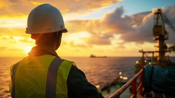 AI generated oil worker wearing a new safety helmet standing on offshore platform. ai generative photo