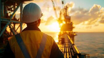 AI generated oil worker wearing a new safety helmet standing on offshore platform. ai generative photo