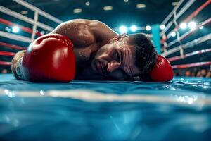 AI generated a boxer man falls knocked out TKO in boxing arena . defeat in battle. ai generative photo