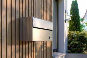 AI generated stainless Mailbox Mounted on the Wall of a New Modern Building . Modern numbered mailboxes box outdoors. Generated Ai photo