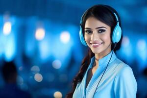 AI generated Indian Female customer support Agent phone operator in headset . AI Generated photo