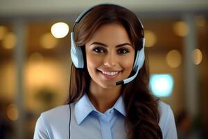 AI generated Indian Female customer support Agent phone operator in headset . AI Generated photo