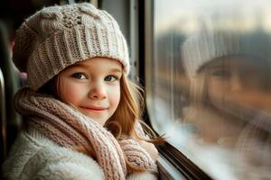 ai generado un niña en tren mira fuera el ventana. generativo ai foto