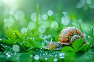 AI generated A snail crawls along a green leaf after rain, close-up. Generative AI photo