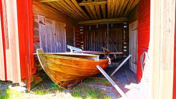 Digital painting style representing a wooden boat placed in a shed photo