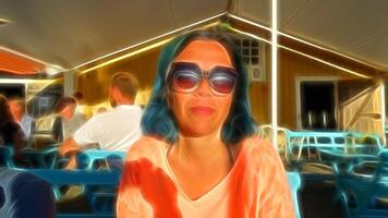 digital pintura estilo representando un joven mujer con Gafas de sol sentado fuera de en un verano noche foto