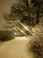 The snow-covered road and the street lamps after the evening snowfall in digital painting style photo