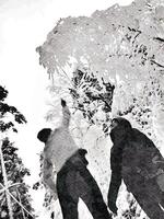 Black and white watercolor style of two people playing in the woods during a snowfall in northern Scandinavia photo