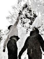 Black and white watercolor style of two people playing in the woods during a snowfall in northern Scandinavia photo