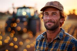 ai generado un hombre en pie en frente de un tractor en un campo. ai generativo. foto