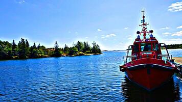 Digital painting style representing a red motorboat docked at the small dock photo