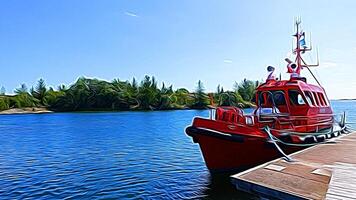 Digital painting style representing a red motorboat docked at the small dock photo