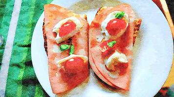 watercolorstyle representing a plate with two sandwiches with mortadella, mozzarella, tomato, basil and extra virgin olive oil photo